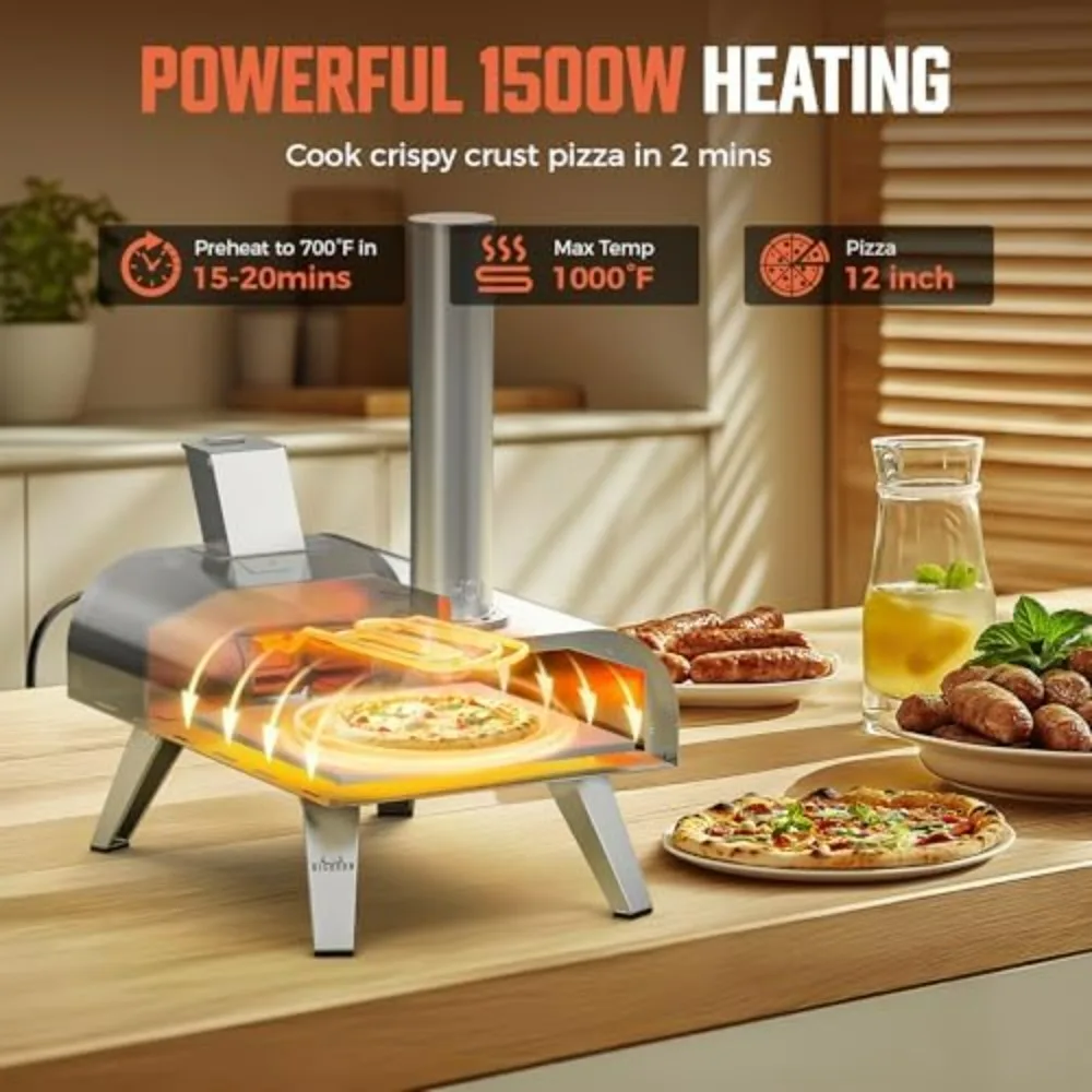 Dual Fuel Pizza Oven - Electric and Wood Pellet, High-Temperature Indoor and Outdoor Pizza Maker with Pizza Stone, 1000°F