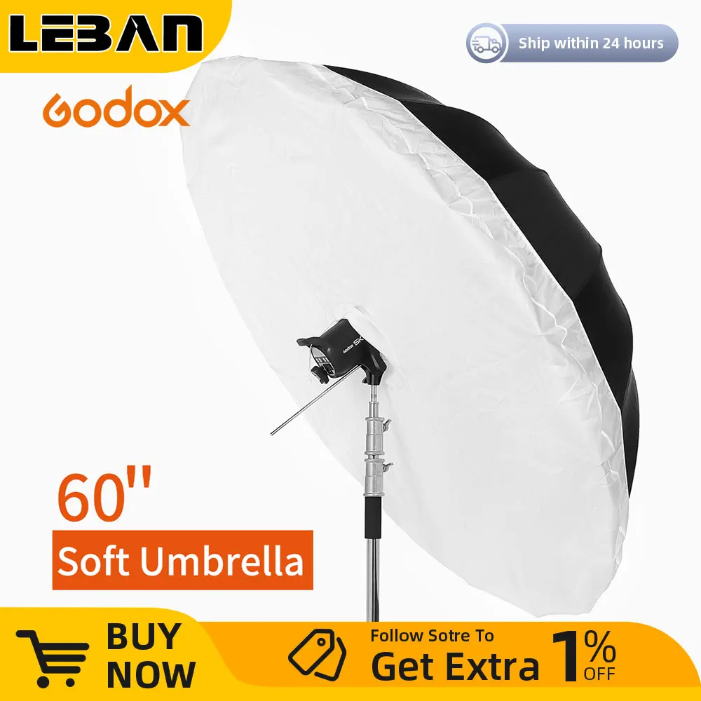 Godox Studio Photogrphy 60" / 150cm 16-Rib Black White Reflective Studio Light Umbrella with Large Diffuser Cover