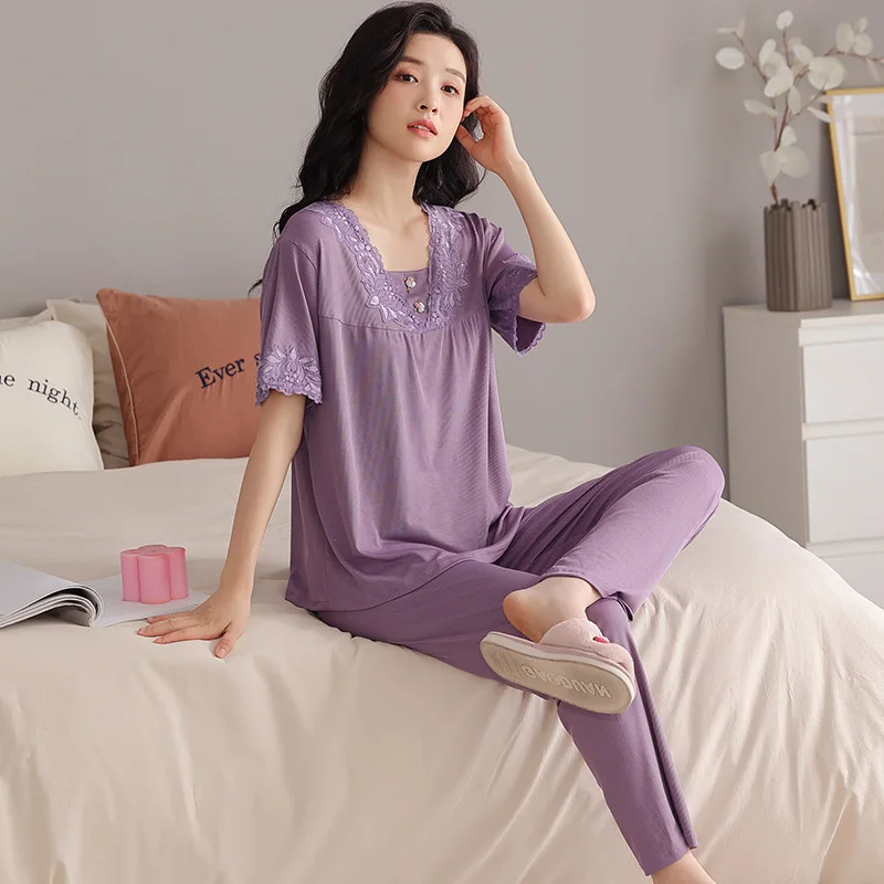 

Summer Women's New Short Sleeved Trousers Modal Ice Silk Loose Large 4xl Mother's Household Clothes Can Be Worn Outside V-neck