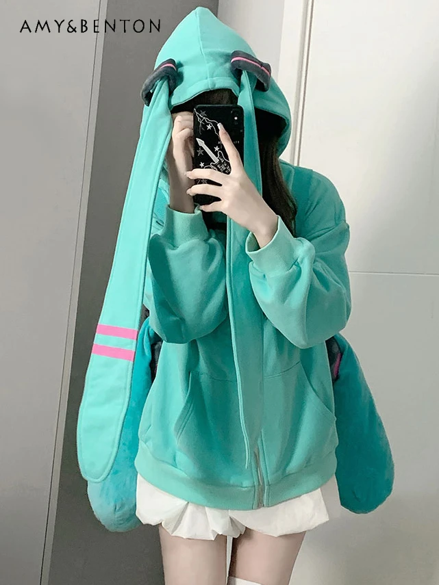 Japanese Sweet Cute Rabbit Ears Hoodies Women Spring New Harajuku Style Gothic Oversized Sweatshirts Hatsune Miku Zip Up Hoodie