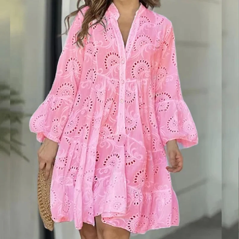Women's Elegant V-neck Hollow Embroidery Dress Vintage Beach Mini Dresses Casual Solid Lace Sexy Summer 27725