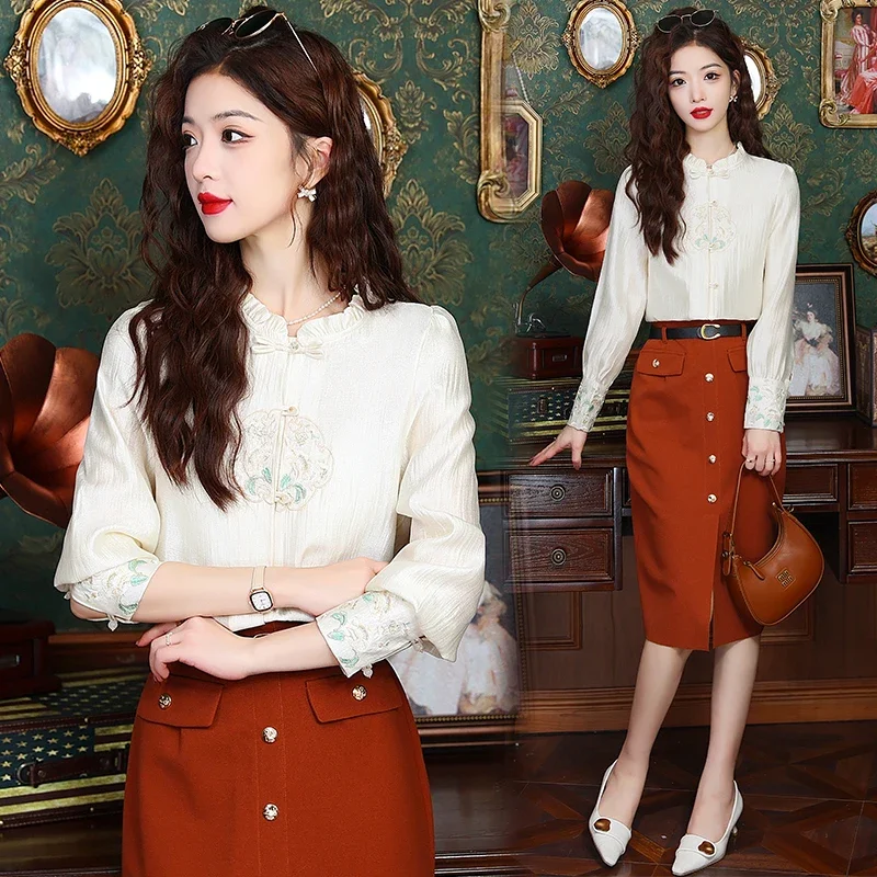 

YCMYUNYAN-атласные блузки в китайском стиле для женщин, шелковые рубашки, винтажная одежда, свободная вышивка, полные женские топы, весна-лето