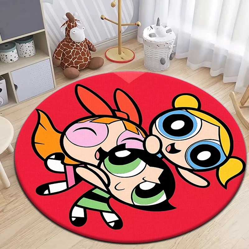 The Powerpuff Girls HD Printed Round Carpet for Living Room Rugs Camping Picnic Mats Flannel Anti-Slip Rug Yoga Mat Gifts area