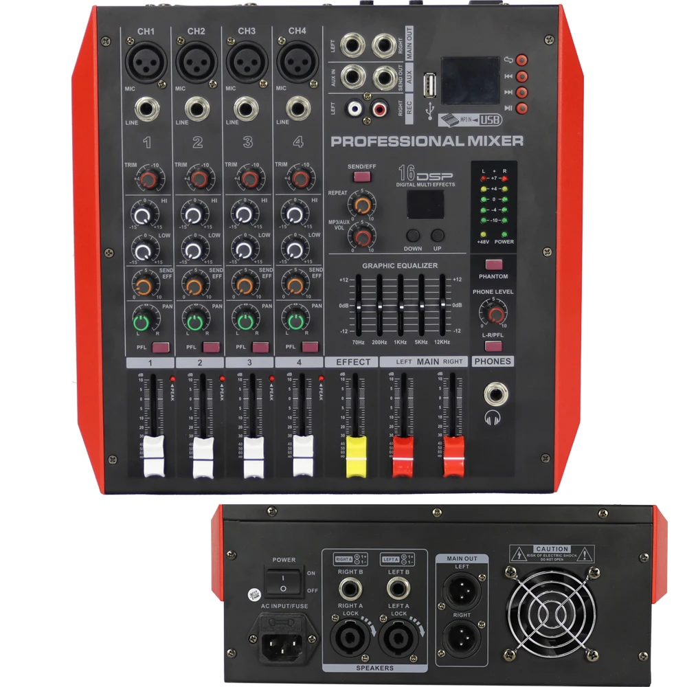 Super l4 Channel dj Mixer 800w Amplificador de Potência Estéreo Bluetooth Console de Mistura de Som Potência 2×200 Watts 48v Phantom