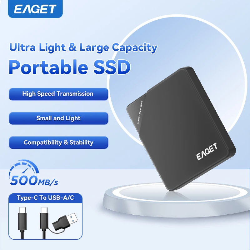 EAGET 5Gbps 휴대용 SSD 외장 드라이브 최대 500MB/s 속도 하드 드라이브 타입 C+USB A 고속 솔리드 스테이트 드라이브 USB-3.1