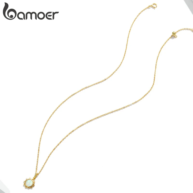 Silver Chain Necklace Natural Stone Necklace Bamoer 925 Sterling Silver White Opal Sun Pendant Necklace Apollo Chain Necklaces for Women Birthday Gift Jewelry