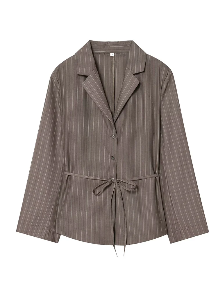 Women Lace Up Blazer Sets Elegant Office Fall Spring Striped Shoulder Pad Jacket Wide Leg Pants 2 Pieces Suit Fashion 2025 New