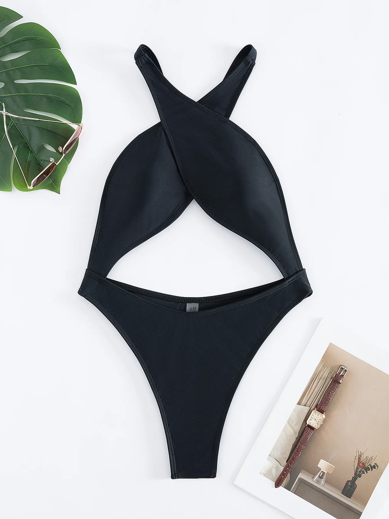 Sexy Black Red One Piece Swimsuit Women Halter Cross Hollow Out Bikini ...