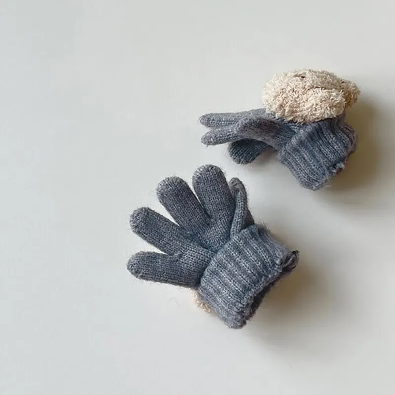 Cartoon Bear Baby Knitted Gloves Autumn Winter Warm Full Finger Mittens for Boys Girls Solid Color Soft Comfortable Cute Childre
