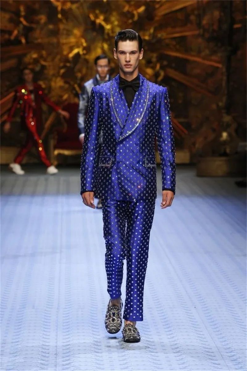 

Royal Blue Crystal Men Suits Pants Set 2 Piece Blazer+Trousers Groom Wedding Tuxedo Double Breasted Coat Custom Made Prom Jacket