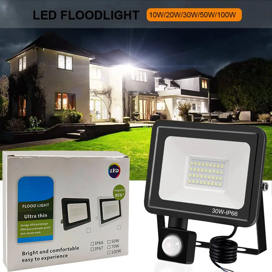 LED Flood Light PIR Motion Sensor Floodlight IP66 Waterproof Outdoor Wall Light White LED Spotlight Garden Street Lighting