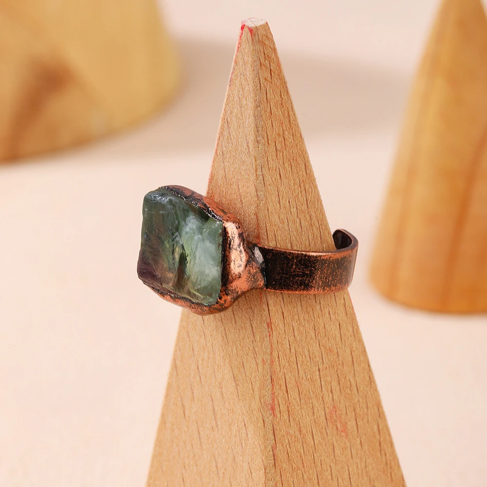 Natural Green Fluorite Raw Stone Vintage Adjustable Ring Antique Copper Electroplating Boho Unique Jewelry Women's Party Gifts 4