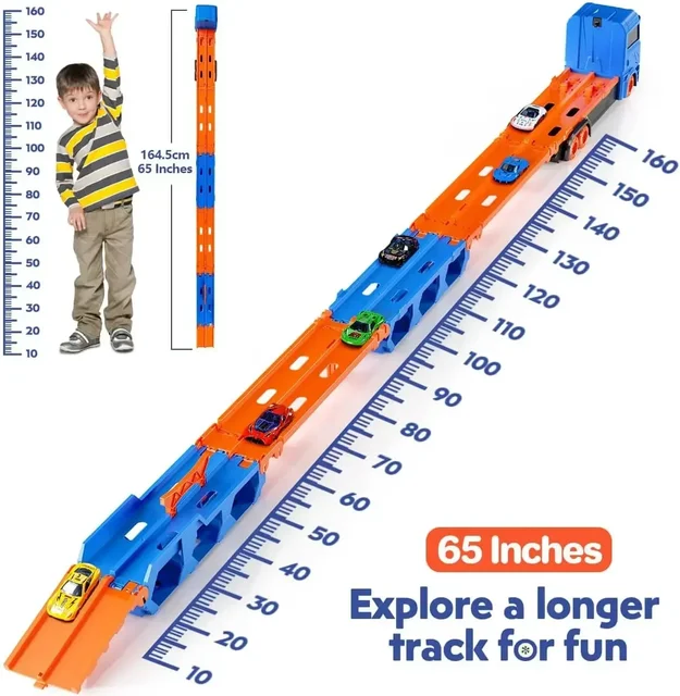Transport Truck Toy 65-Inch Foldable Toddler Car Carrier for Boy Girl 9 in 1 Race Track and Die-Cast Truck Race Car Gift Vehicle 6