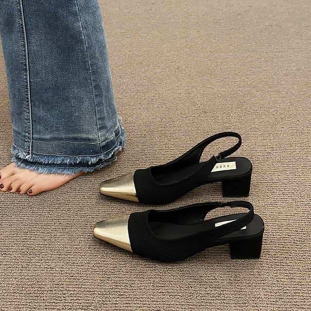 PAIR OF GOLD LEATHER AND BLACK CAP TOE SLINGBACK HEELS, CHANEL, A  Collection of a Lifetime: Chanel Online, Jewellery