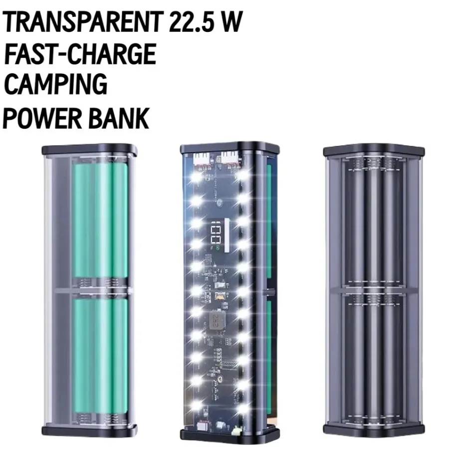 6*18650 투명 쉘 파워 뱅크 케이스 22.5W 고속 충전 분리형 파워 뱅크 케이스 LED USB 타입 C 포트 배터리 보관함