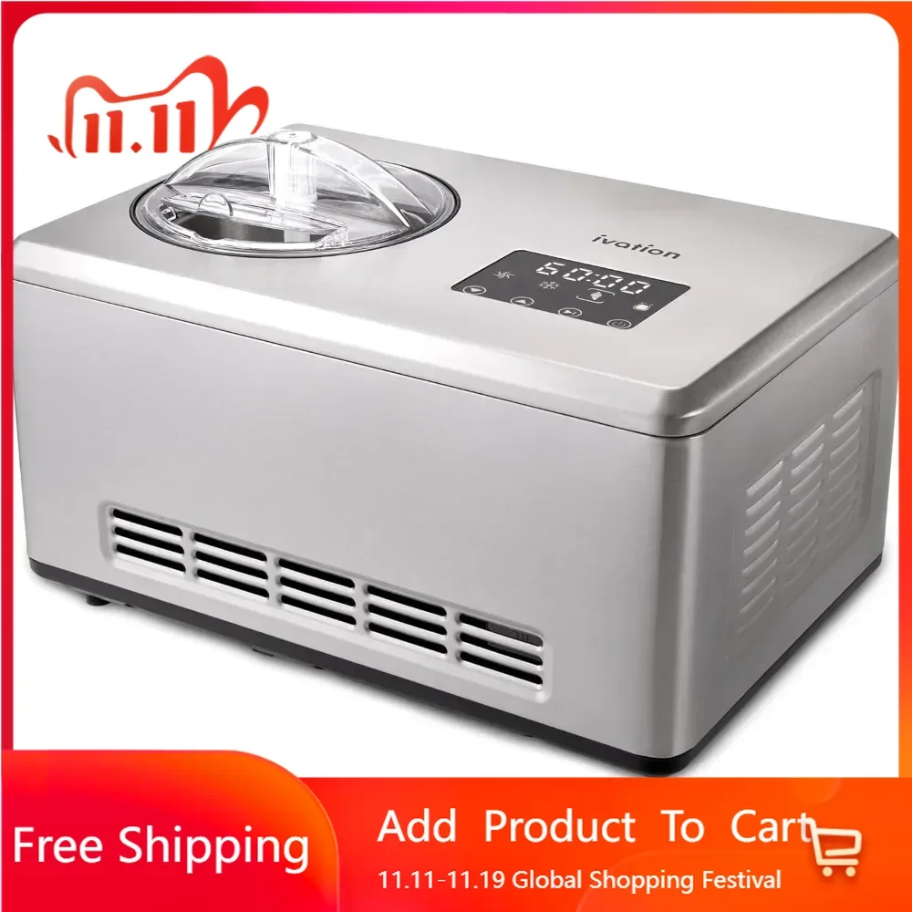 2 Qt Automatic Ice Cream Maker Machine, No Pre-freezing Necessary with Built-in Compressor, Stainless Gelato & Yogurt Machine