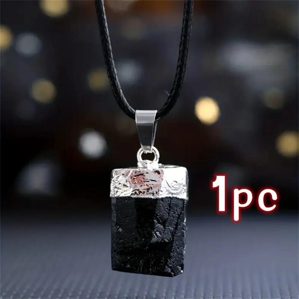 Natural crystal cylinder rough stone black tourmaline pendant irregular electrical stone pillar ore silver-plated hemming neckla 5
