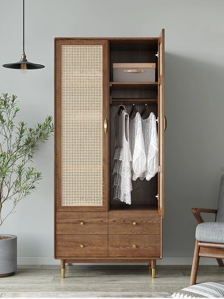 

Nordic solid wood rattan woven double door wardrobe for small household use,coat cabinet, retro integrated hanging cabinet