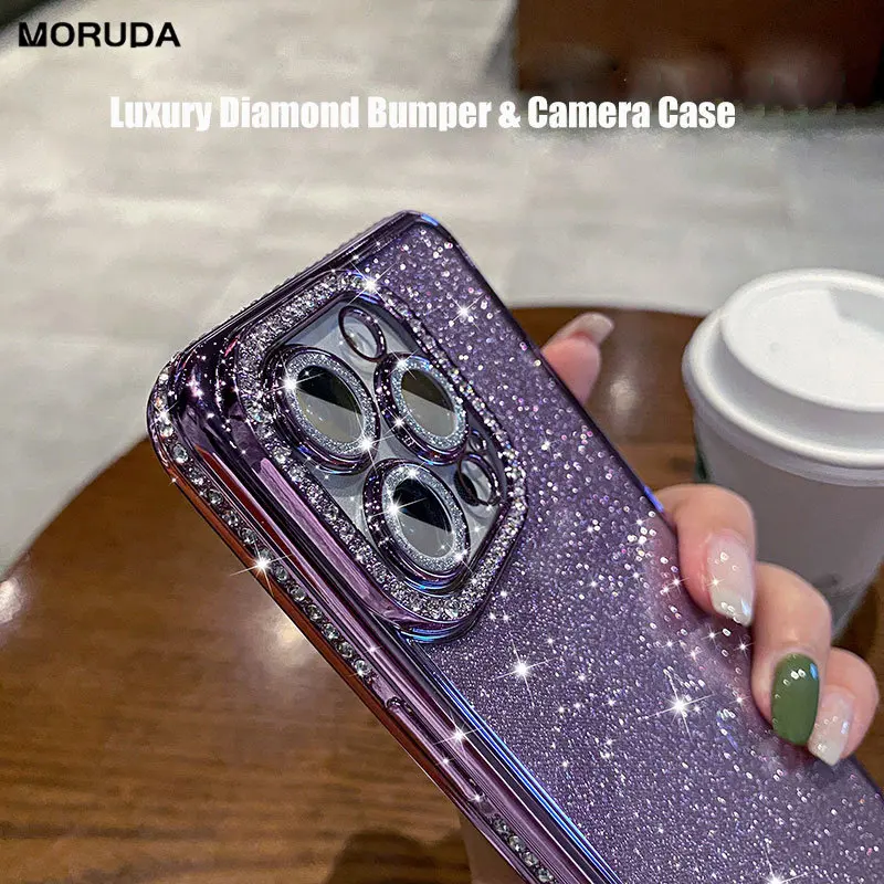 

For iPhone 14 Pro Max Luxury Diamond Case Glitter Shinny Lens Protector Soft Silicone Cover for iPhone 11 12 13 15 Pro Xs Max Xr