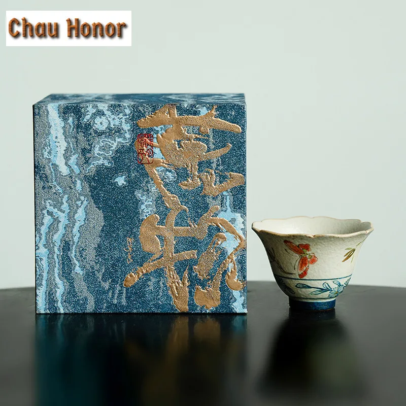 60ml Blue And White Flint Red Teacuphandmade Gold Drawing Butterfly Orchid Tea Bowl Petal Tea Cup Set Small Master Cups Teaware