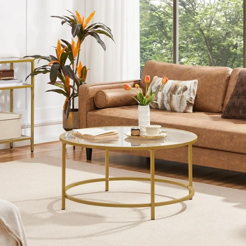 Gold Glass Coffee Table for Living Room, 36" Round Glass Coffee Table with Metal Frame, Circle Coffee Table for Home, Office, A