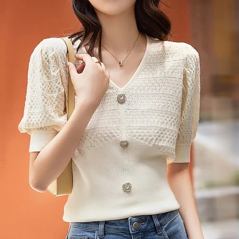 

Summer Short Puff Sleeve Tops For Women V Neck Front Button Up Knit Tee Shirt Femme Fitted Casual T Shirt Poleras Mujer Camiseta