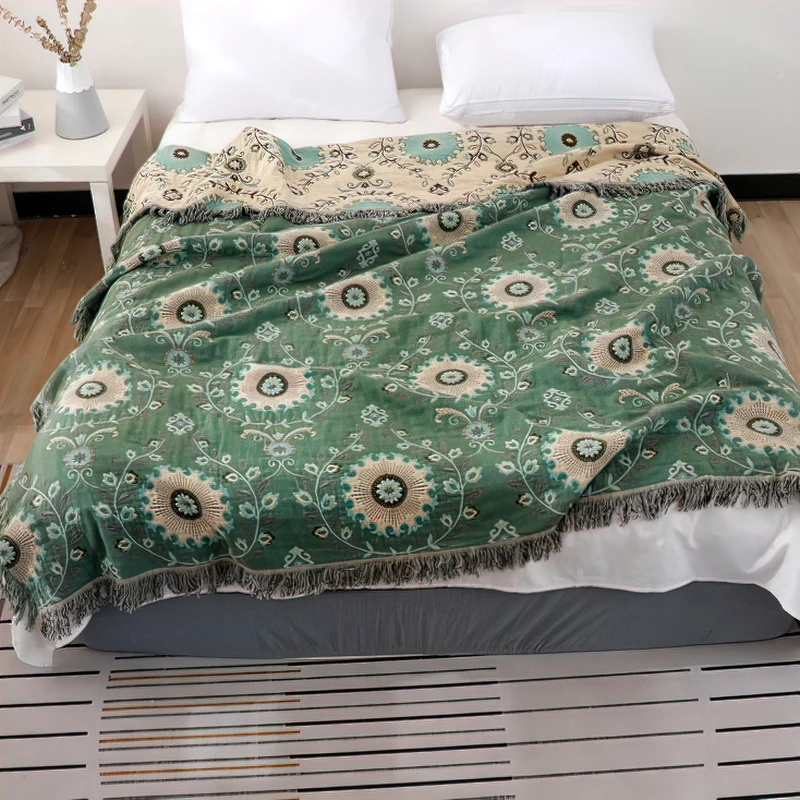 100 Cotton Printed Bohemian Blanket Bedspread For Bed Green Muslin Large Soft Summer Blanket