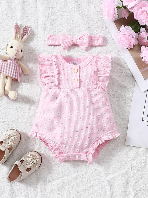 2PCS Summer Baby Girl Jumpsuit with Round Neck Butterfly Sleeve Design, Cute Sweet and Lively Princess Style Newborn Jumpsuit 1