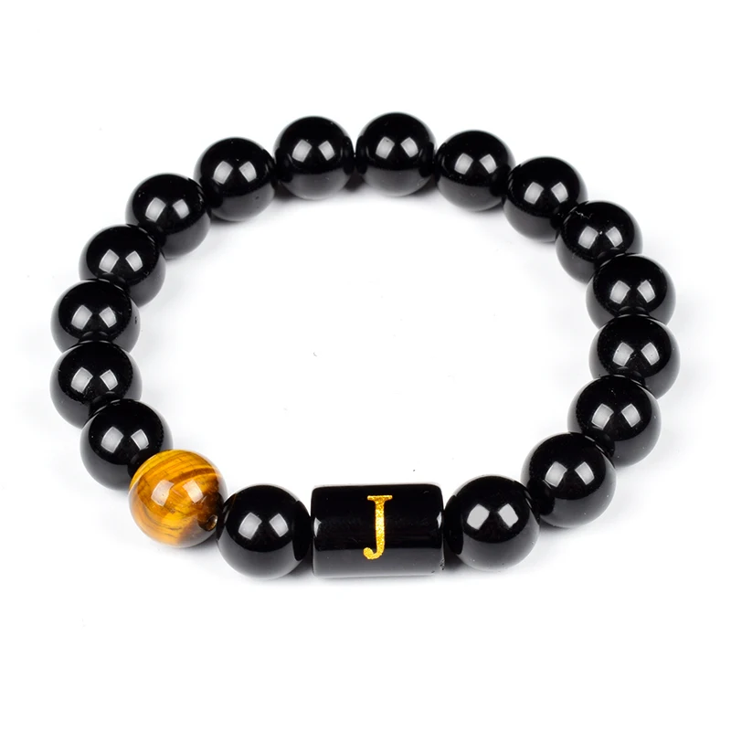 Iniziali Bracciali Per Uomo Lettera Link Handmade Natural Black Onyx Tiger Eye Stone Beads Bracciale Braccialetti In Agata Nera Lucida