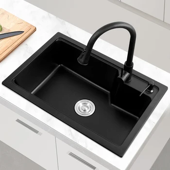 อ่างล้างจานหินควอตซ์สีดำ อ่างล้างหน้าหินแกรนิตขนาดใหญ่ อ่างล้างหน้าเดี่ยว อ่างล้างจานสไตล์ฮาร์เบอร์ อ่างล้างจานบ้าน 1