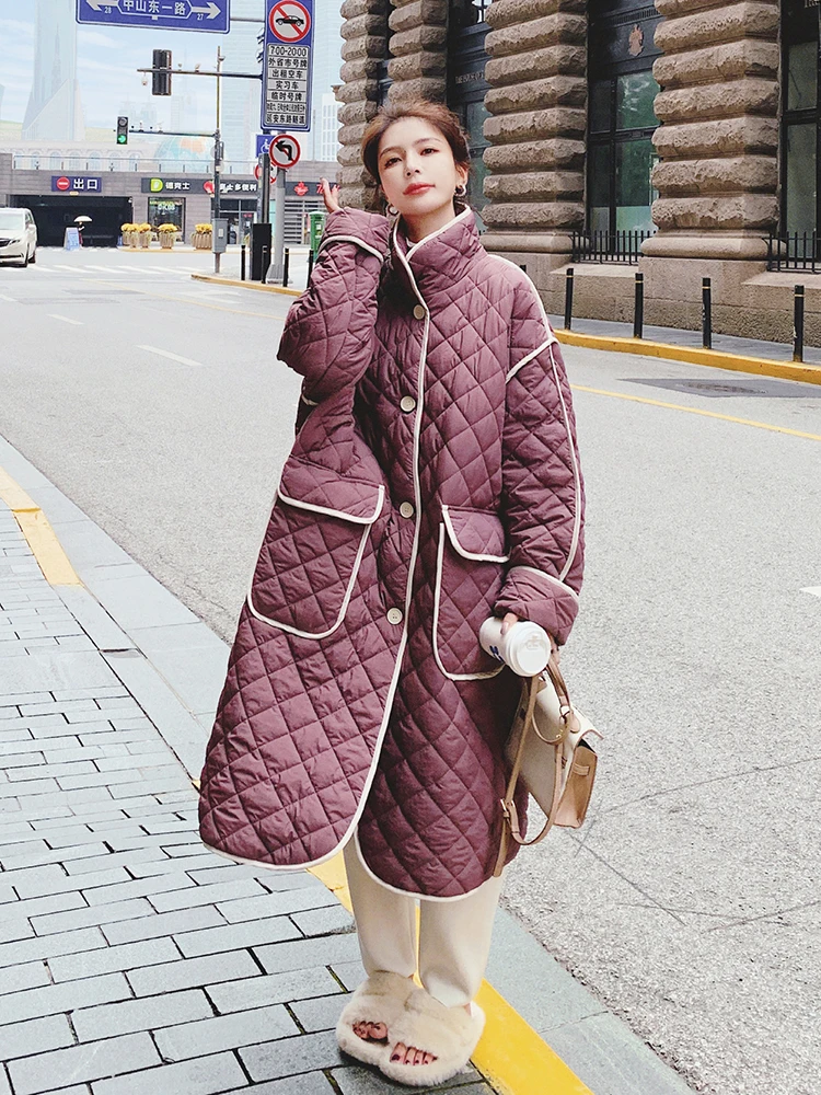 

Big Pocket Stand Collar Plaid Cotton Padded Jacket Coat 2022 Winter Clothes Women Elegant Loose Korean Style Mid-long Parka 3310