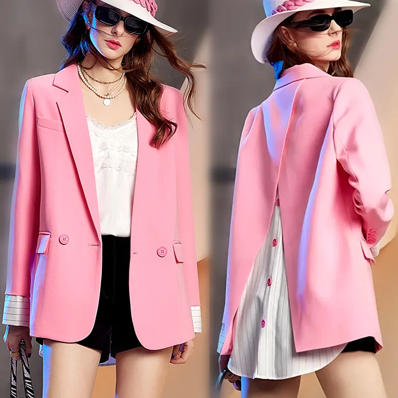 

New Korean Style Womens Blazers Pink Stripped Patchwork Jacket Women Casual Long Sleeve Loose Suit Woman Runway Blazers NZ241