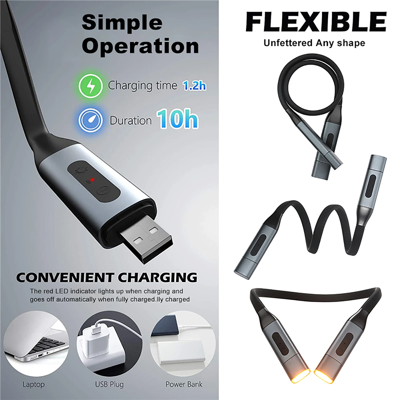 Rechargeable Hanging Neck Light Flexible Reading Light 3 Colors 8 LED Book for Reading Knitting Camping Repairing Running