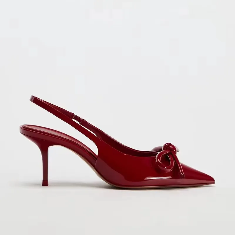 Red Bow Slingbacks High Heels for Woman Sexy Pointed Toe Patent Leather High Heels 2025 Autumn Elegant Woman Heeled Shoes 6
