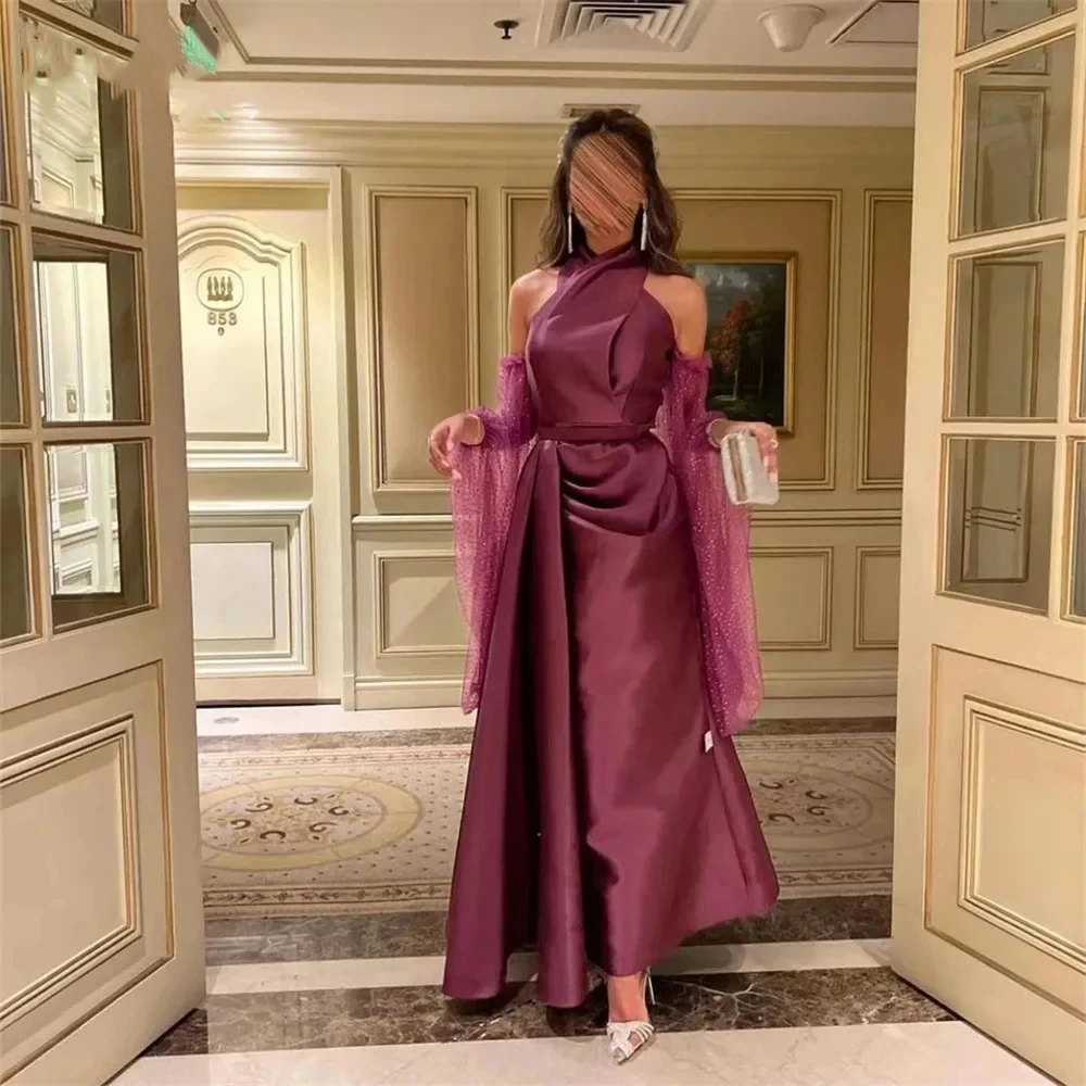 

Purple Satin Prom Dress Mermaid Ankle-Length Halter Long Sleeves Evening Gown Pleat Satin Party Dress For Women Vestido De Gala