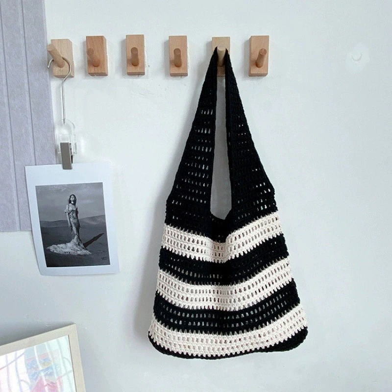 Women's Aesthetic Contrast Color Knitted Shoulder Bag Hollow out Stripe Tote Handbag Woven Female Knitting Fashion Accessory