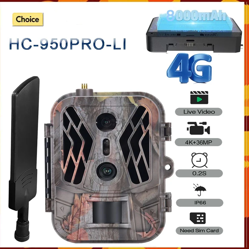 

Наружная камера HC950PROLi 4G Live Stream 8000mAh Iithium с двойным объективом, Охотничья тропическая камера 36MP 4K видео Telecamera IP65