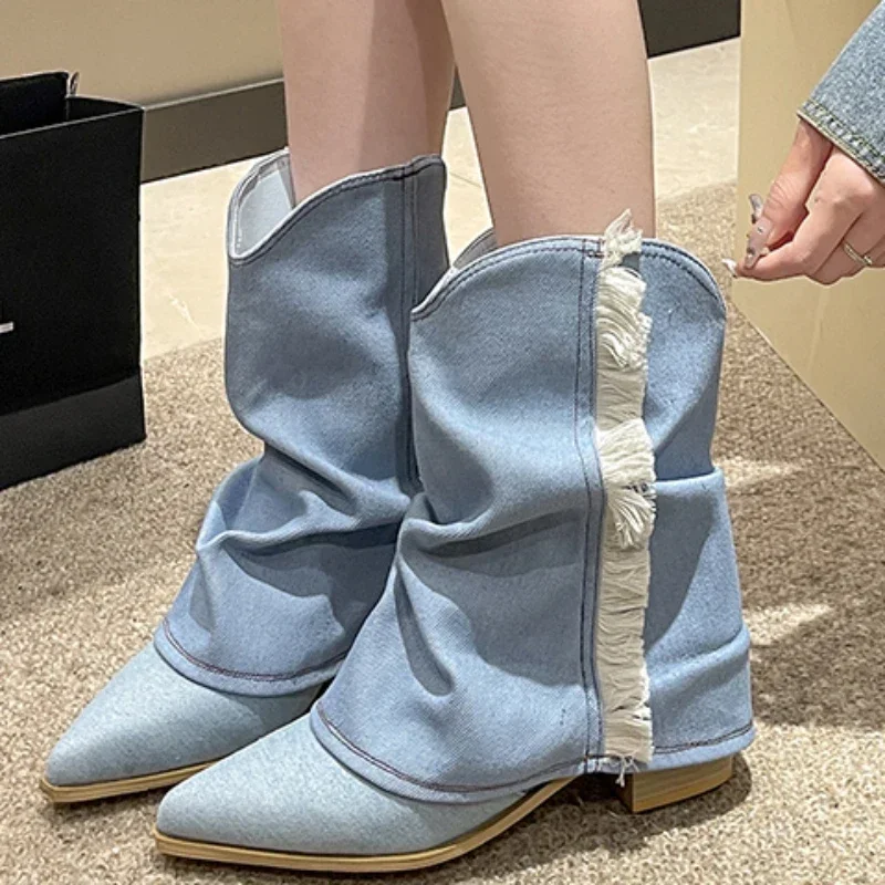 

Autumn Chunky Heel Shoes for Women 2023 New Fashion Denim Fabric Women's Western Cowboy Boots Pionted Toe Ladies Mid Calf Boots