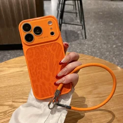 Leopard Print Matte Leather Phone Case with Wristband and Shockproof Bumper - iPhone 15 (Orange)