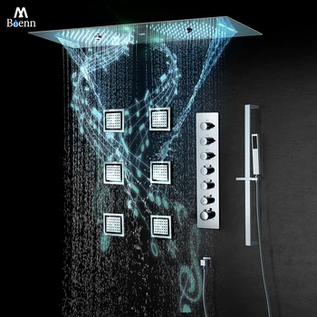 M Boenn Lucido 35*12 Pollici Soffione doccia a pioggia Sistema doccia musicale Set Rubinetto del bagno Ottone 6 funzioni Deviatore termostatico 1