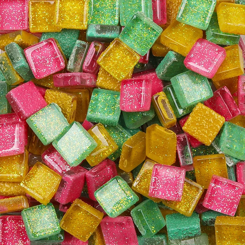 50PCS Diy Mix Color Glitter Glass Mosaic Stones Mosaic Tiles Glass Pebbles Crafts Material Puzzle For Diy Mosaic Making 9*9mm