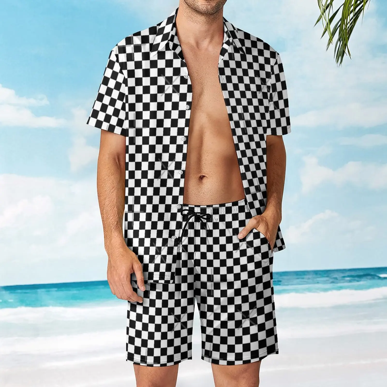 

Check Pattern Checkered Pattern Black And White Check Pattern Checkerboard Chessboard Home Men's Beach Suit Graphic Cool 2 Piec