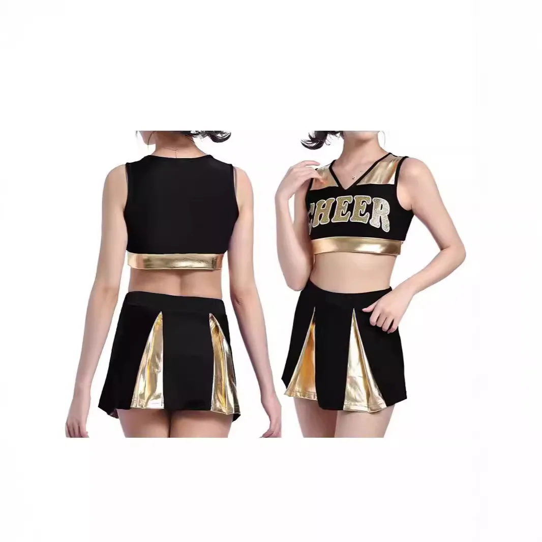 Cheerleading Costume V-neck Sleeveless Waist Revealing Top High Waisted A-line Short Skirt Color Blocked Performance Suit Set