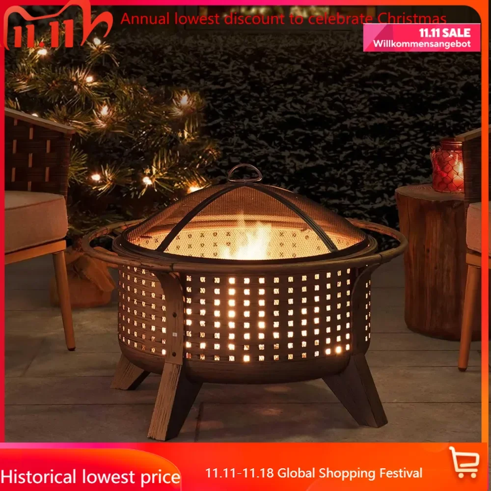 Fire Pit 30 in. Outdoor Wood-Burning Fire Pit, Patio Woven Round Steel Firepit Large Fire Pits for Outside with Spark Screen and