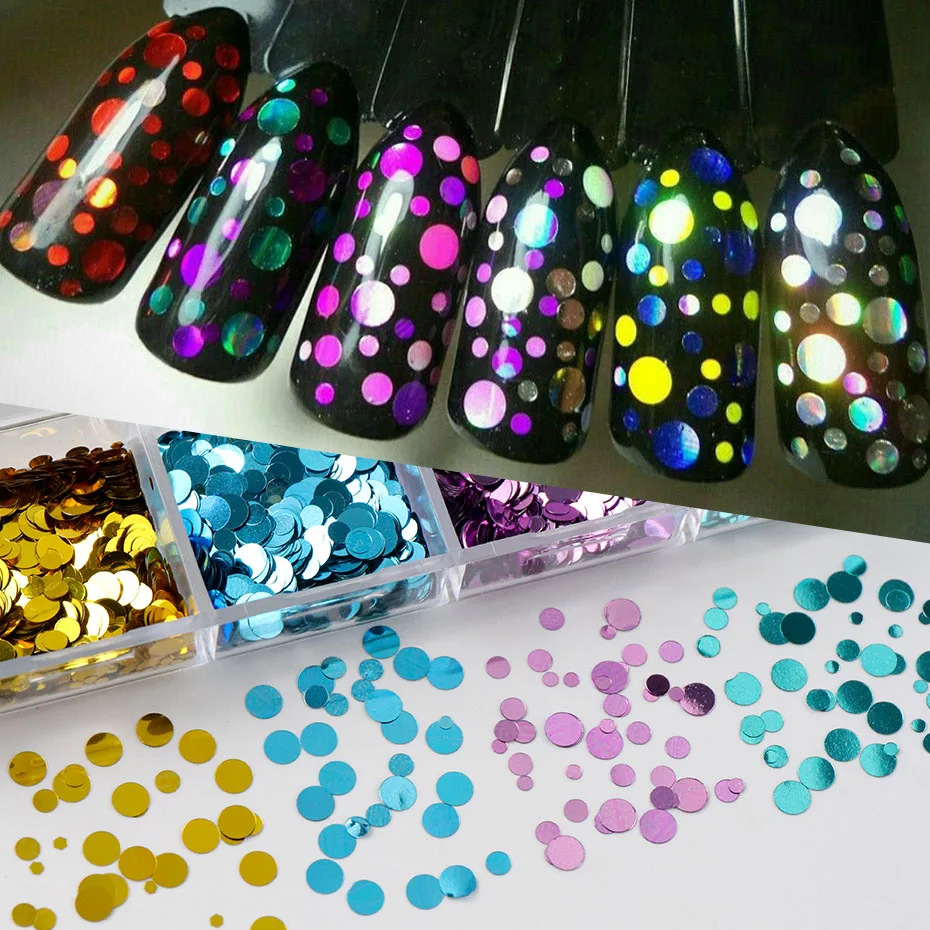 Colorful Polka Dots Nail Glitter Flakes - Shiny Metallic Circle Nail Sequins 12 Grids Set