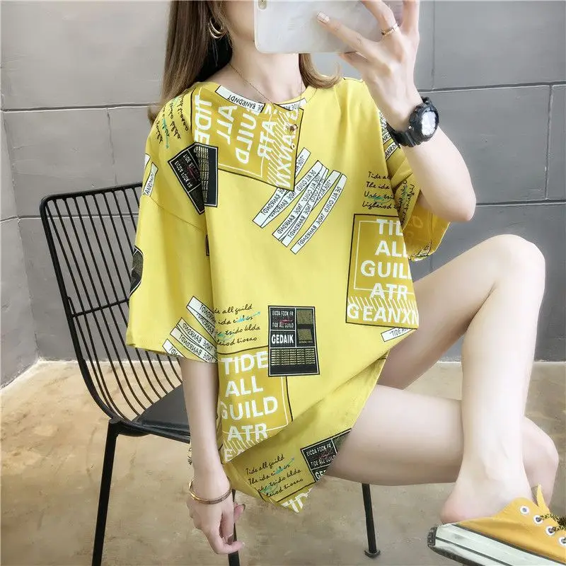 

Elegant Fashion Harajuku Slim Fit Female Clothes Loose Casual All Match Tshirts Printed O Neck Insert Short Sleeve T-shirts