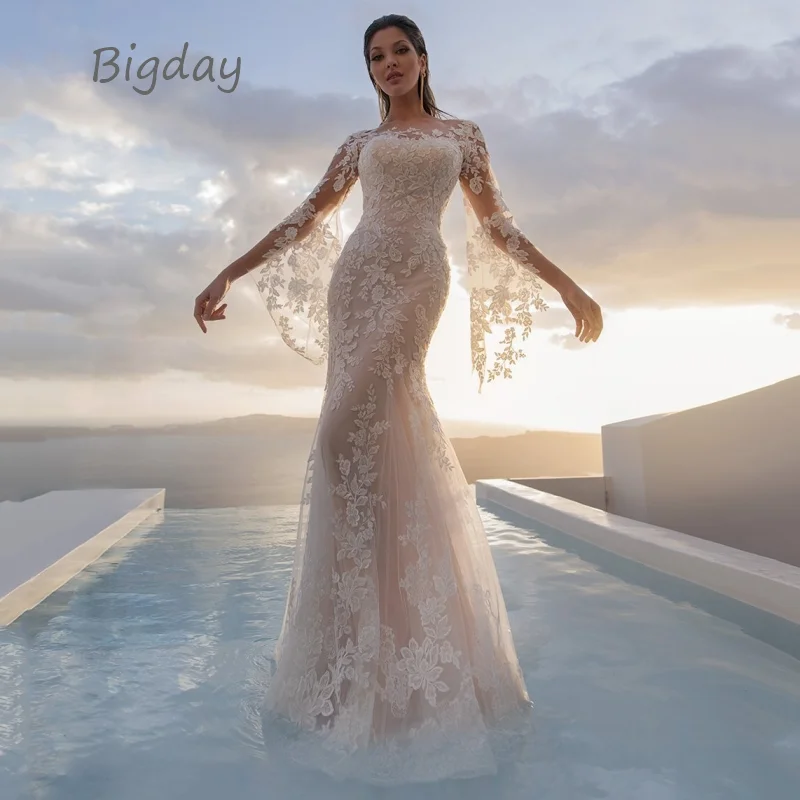 

Elegant Mermaid Wedding Dress For Women Long Sleeve Lace Illusion Back O-Neck Applique Bridal Gown Sweep Train Vestidos De Novia