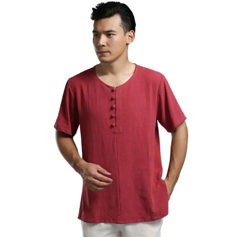 

2024 Men Linen Shirts Short sleeve Chinese Style Mandarin Collar Traditional Kung Fu Tang Casual Social Shirt Brand Clothing La