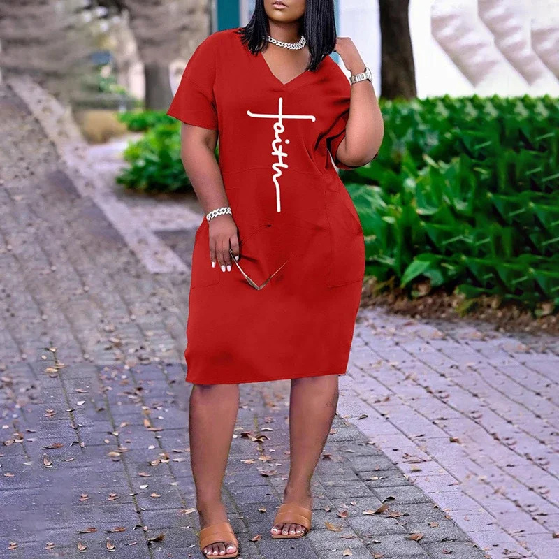 Plus Size Summer Casual Daily Print Basic V Neck Vintage Loose Short Sleeve Red Midi Dress with Pockets