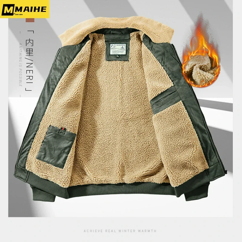 2023 New men's Winter jacket lapel Tactical buckskin wool Thermal Bomber Jacket Casual men's green vintage army green hunting co